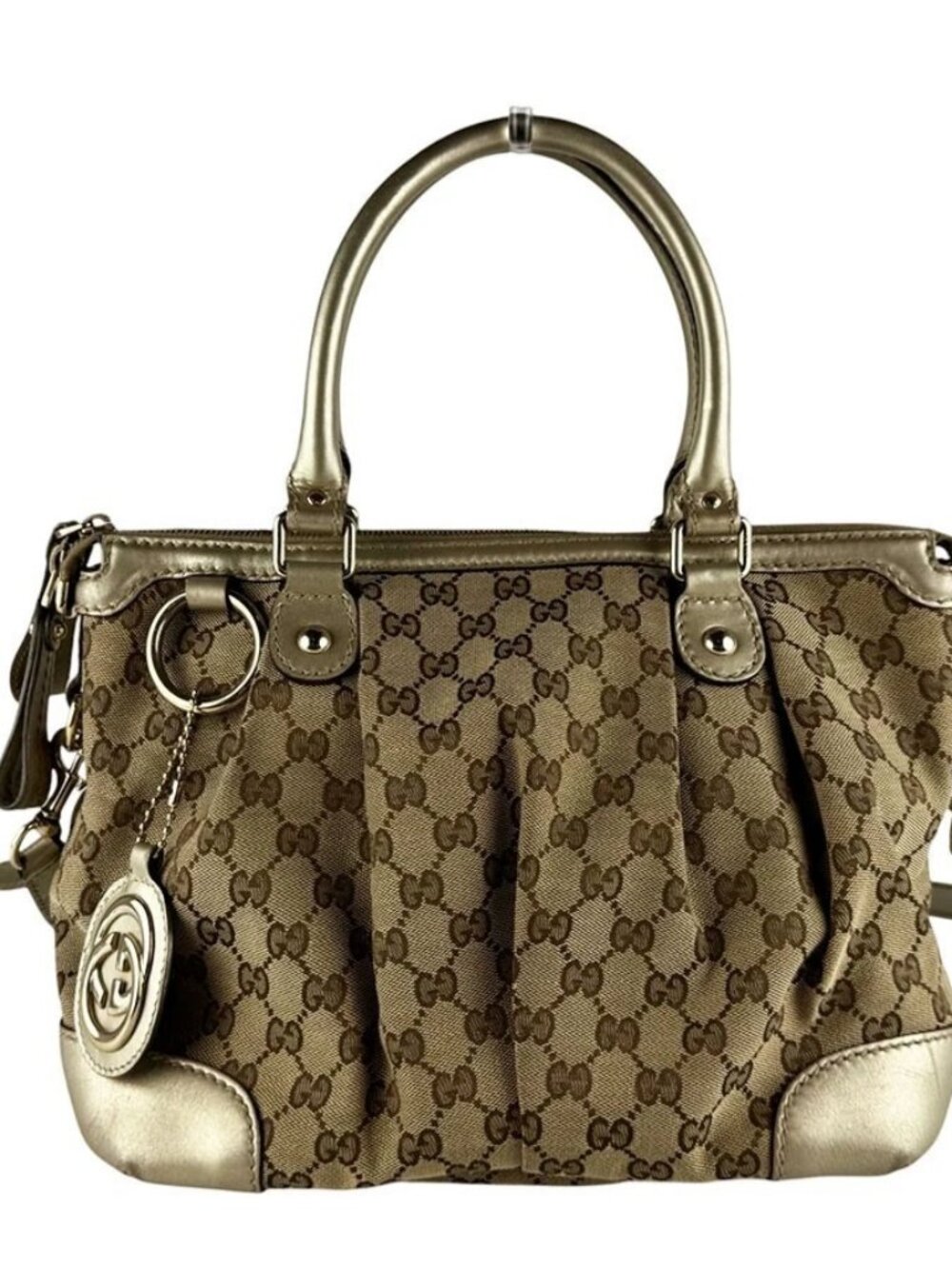 GUCCI Shoulder Bag Handbag Gold/Brown GG Canvas/Leather